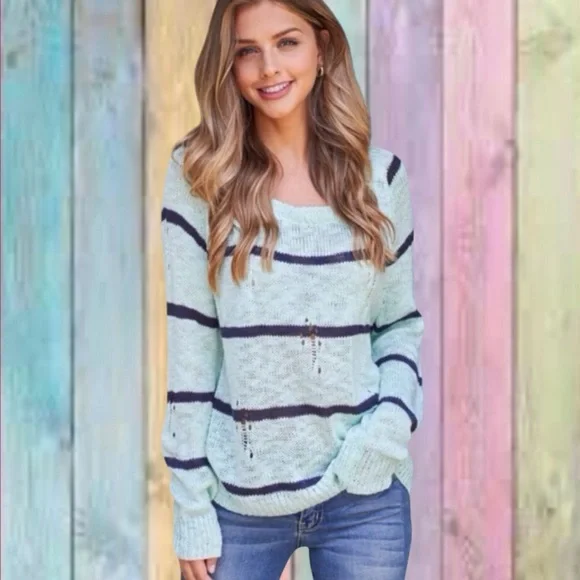 Miracle Mint Green Distressed Wide Neck Knit Stripe Top - Picture 1 of 11